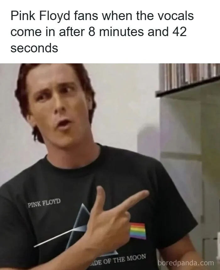 Funny memes featuring a man in a Pink Floyd shirt pointing his finger.