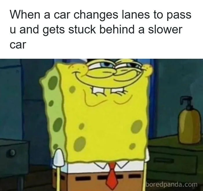 Smirking SpongeBob meme about traffic, great for sending memes to friends