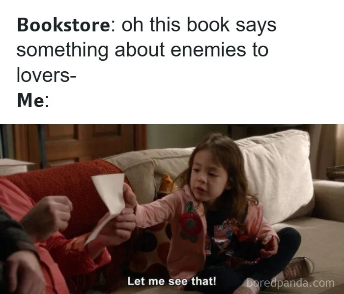 Bookstore enemies to lovers book meme with child wanting to see
