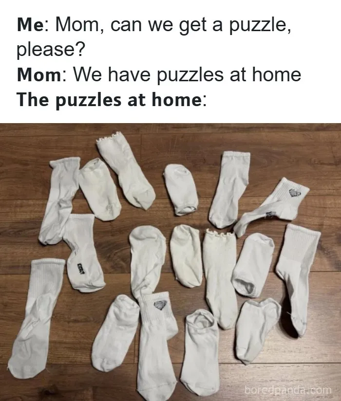 A funny picture of scattered white socks on a wooden floor, representing wholesome memes.