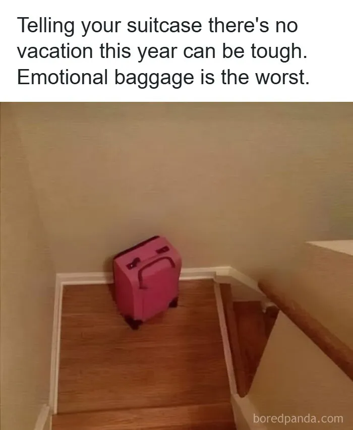 A fun and odd meme showing a sad-looking pink suitcase at the bottom of stairs with text about emotional baggage.