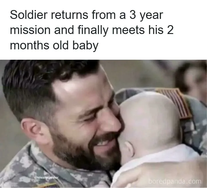 Funny memes showing a soldier emotional hug with a baby, highlighting a humorous logic flaw