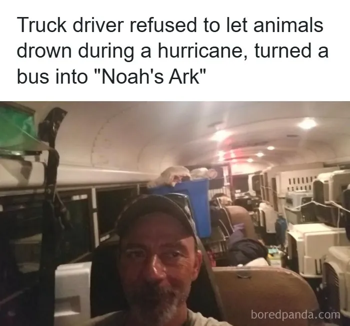 Interesting facts about the world showing a truck driver rescuing animals inside a bus during a hurricane.
