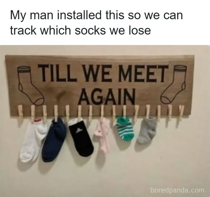 Funny pics of a wooden sock holder on a wall to hang single lost socks