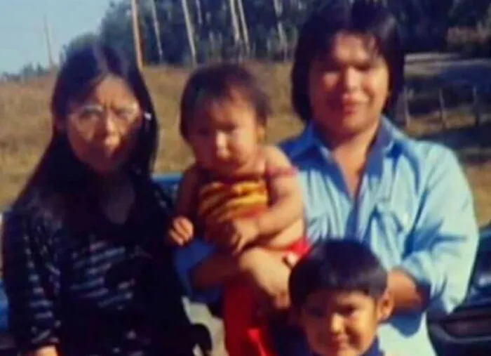 A family portrait of four people standing outdoors, captured in photos.