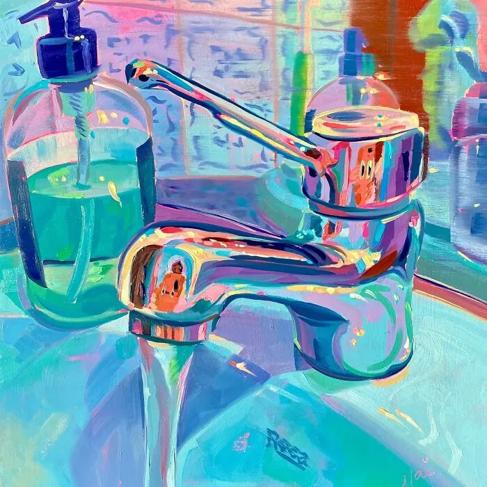 Vibrant kitchen sink faucet painting from the Alai Paintings collection with colorful reflections.