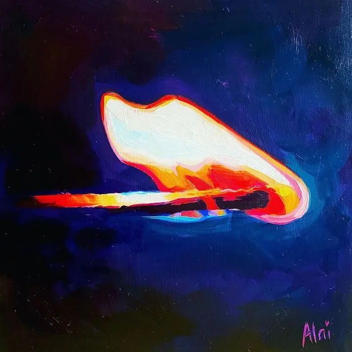Alai Paintings featuring a vibrant abstract oil painting with a glowing match on a dark blue background
