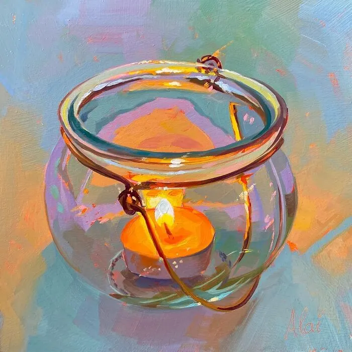A glowing candle in a glass jar from Alai Paintings