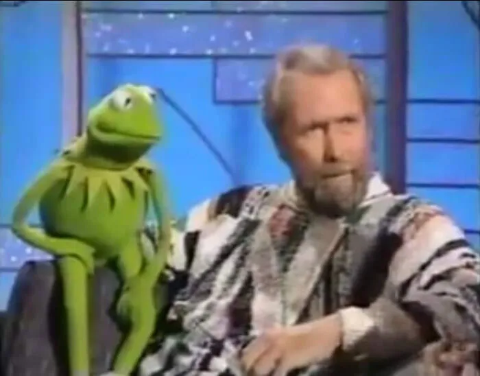 Jim Henson seated next to Kermit the Frog puppet, among people captured in photos for the last time.