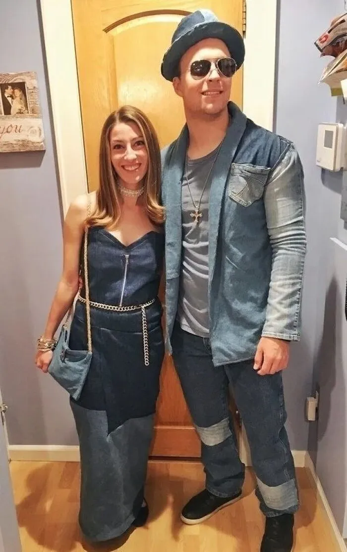 Man and woman wearing all-denim outfits as funny cool halloween couples costumes