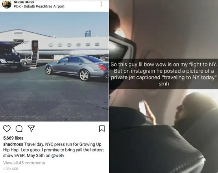 Bow Wow private jet post next to commercial flight photo, a notable celebrity social media fail.