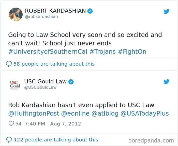 Tweets showing Rob Kardashian falsely claiming law school admission, a celebrity social media fail.