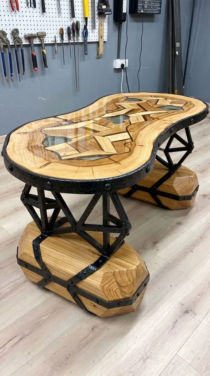 An artistic wooden table with a geometric glass inlay, illustrating clever wooden creations for the home.