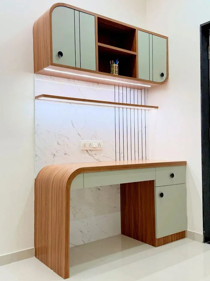 Modern office furniture featuring wooden creations with a sleek curved desk and pastel cabinets.