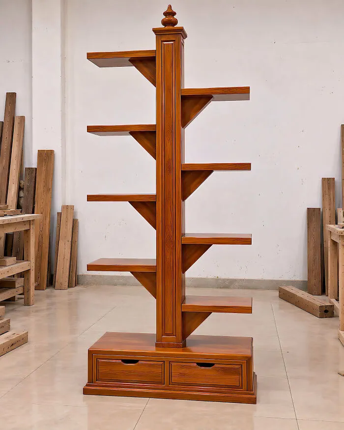 A stylish vertical bookshelf with alternating shelves, displaying clever wooden creations