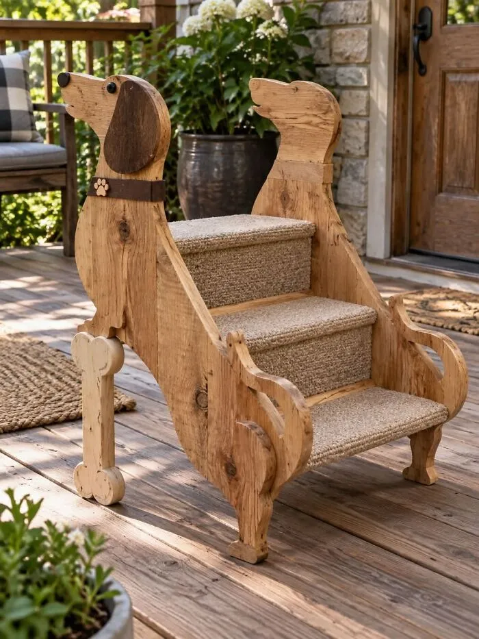 A dog-shaped set of wooden steps on a deck showing clever wooden creations.