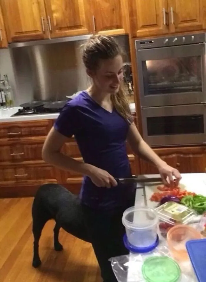 Optical illusion photo of a woman in a kitchen appearing like a centaur standing by black dog legs