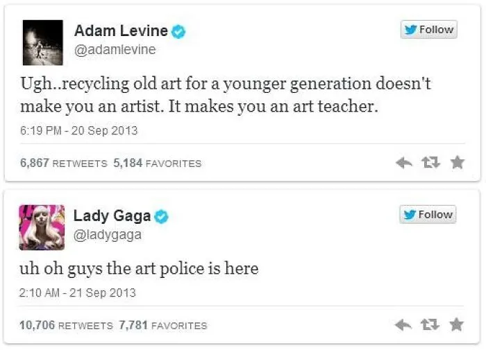 Lady Gaga responding to Adam Levine in a tweet exchange about art, showing celebrity social media fails.