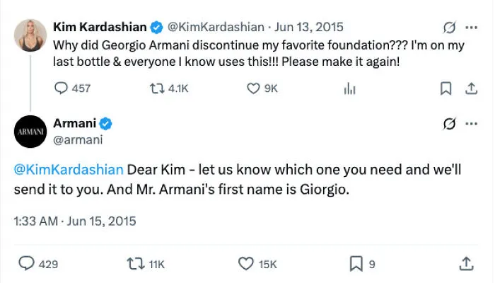 Armani correcting Kim Kardashian's spelling of Giorgio in a Twitter exchange, an embarrassing celebrity social media fail.