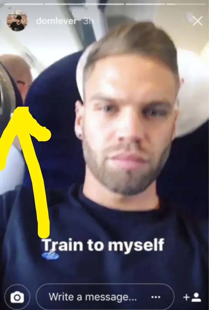 A social media fail post showing a selfie on a train with other passengers visible in the background.