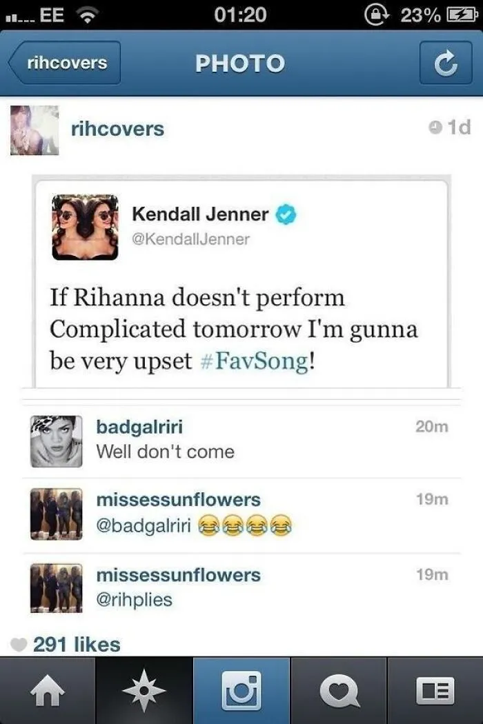 Rihanna responding to Kendall Jenner on Instagram, illustrating memorable celebrity social media fails.