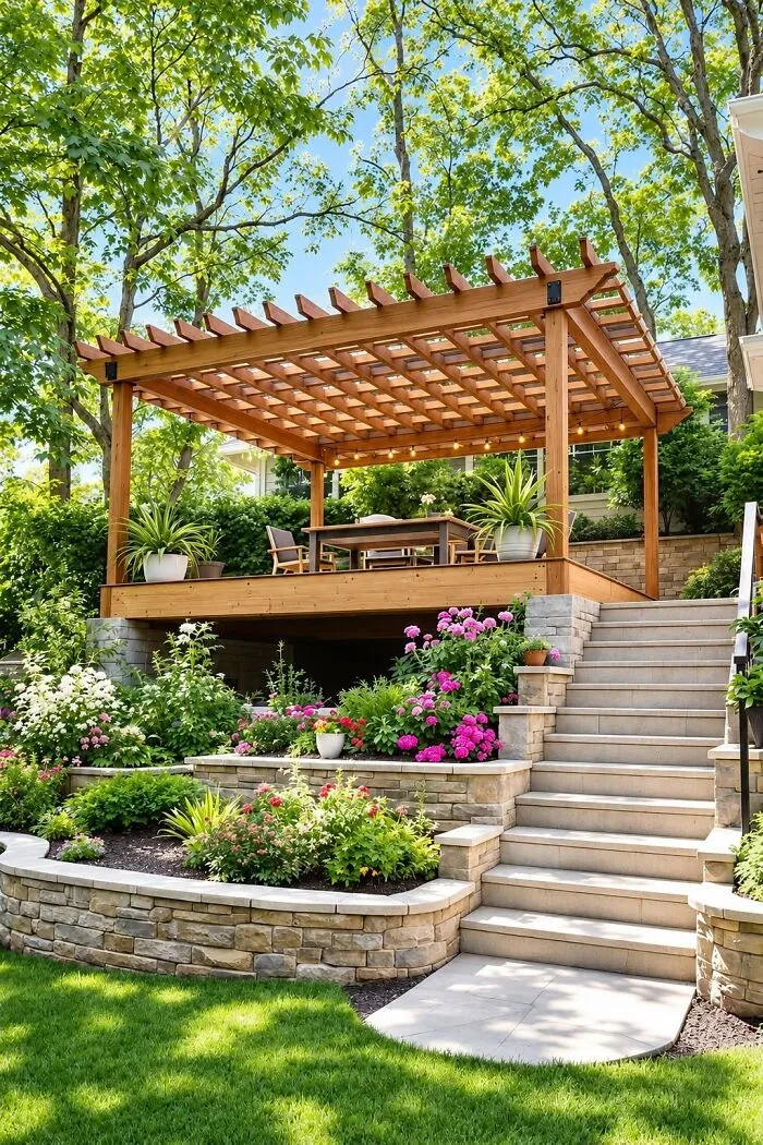 An elegant backyard deck with a pergola, showcasing clever wooden creations.