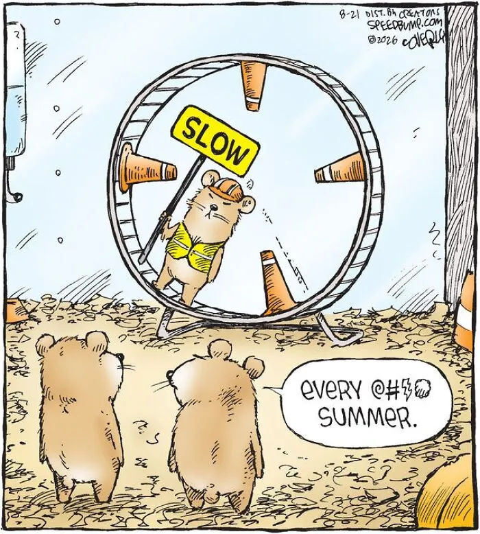 A Speed Bump comic showing a hamster wheel under road construction with traffic cones and a slow sign.