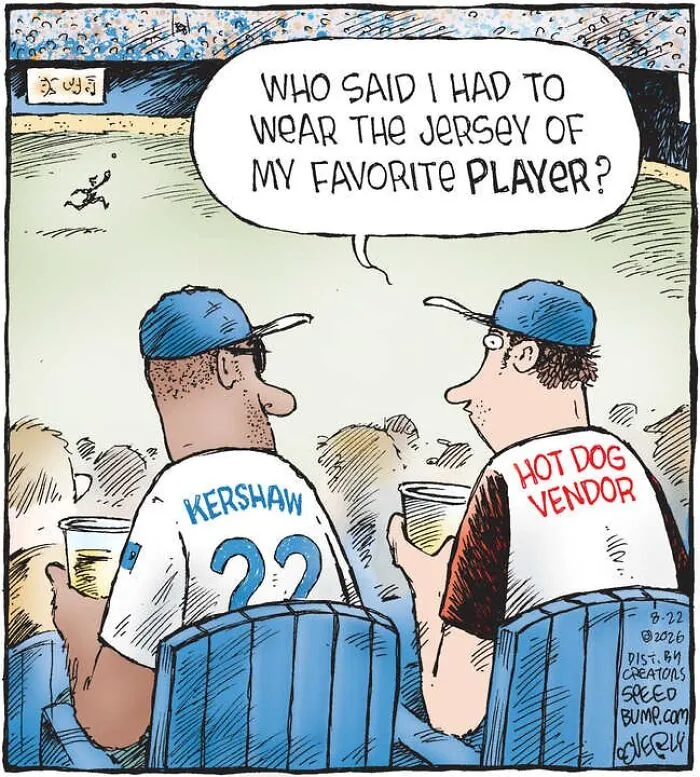 A Speed Bump comic about baseball fans in stadium seats poking fun at game day attire.