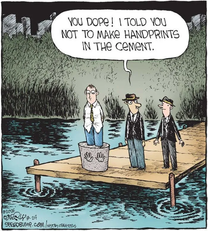 A Speed Bump comic showing mobsters on a pier with a man stuck in a bucket of cement.