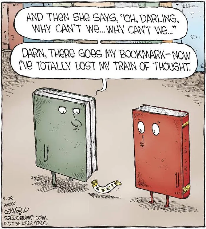 A Speed Bump comic panel depicting two books talking after one loses its bookmark.