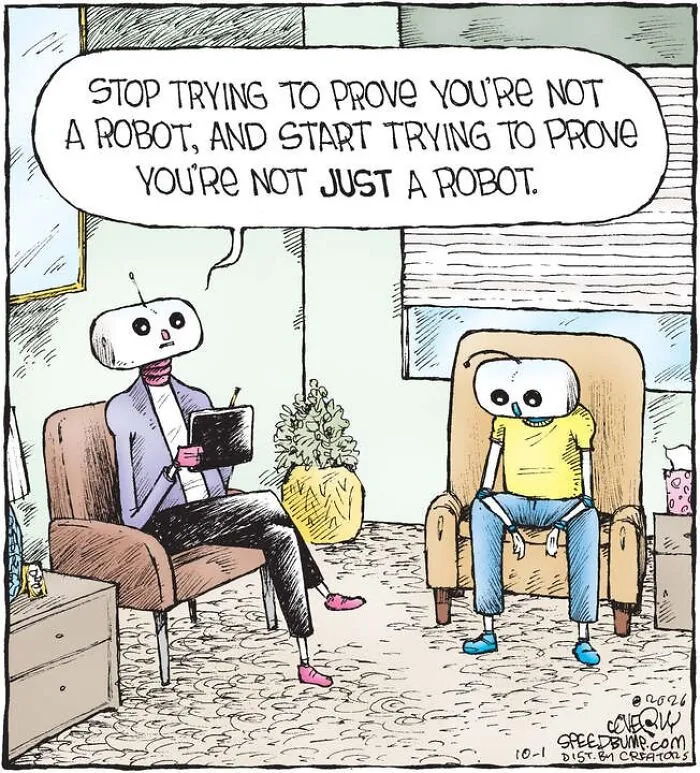 Speed Bump comic with robot therapy about proving not just a robot