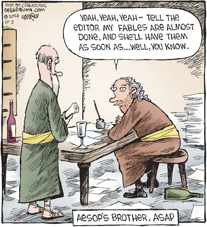 Speed Bump comic featuring Aesop's brother telling editor about fables