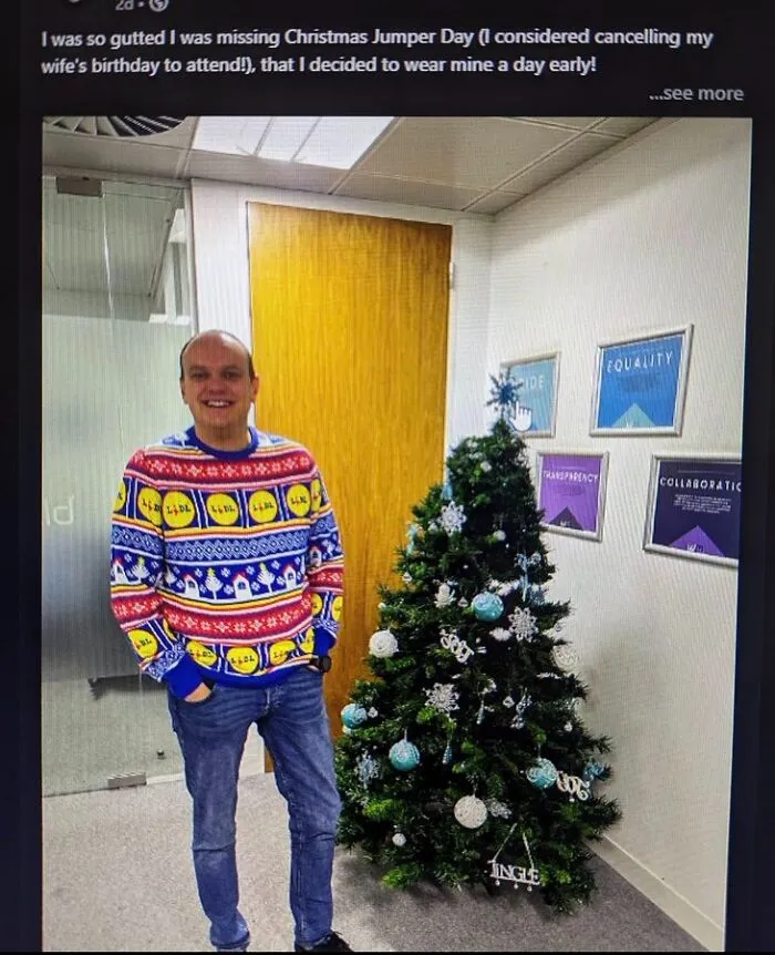 LinkedIn post showing man in branded Christmas jumper by the tree