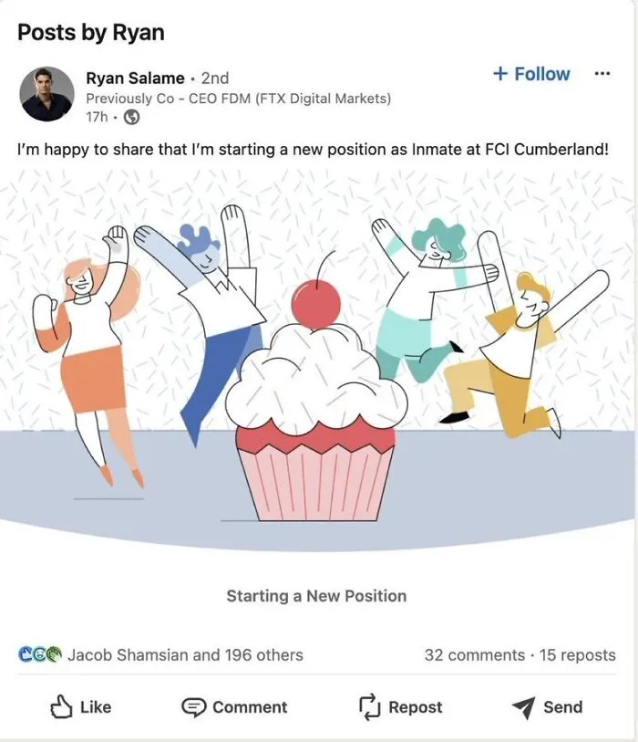 LinkedIn post joking about starting a new job as an inmate with cartoon celebration