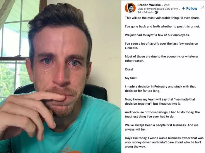 Man with tearful face sharing vulnerable LinkedIn post about layoffs