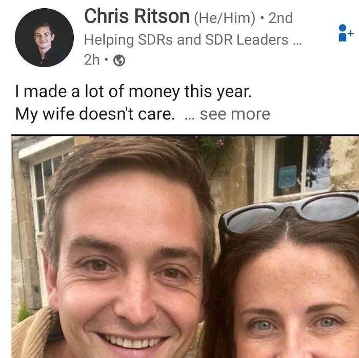 LinkedIn post about making money but spouse not caring in tone-deaf LinkedIn posts
