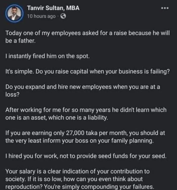 LinkedIn post about firing employee who asked for a raise due to fatherhood