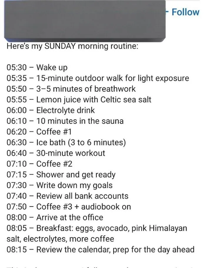LinkedIn post listing a detailed Sunday morning routine for productivity
