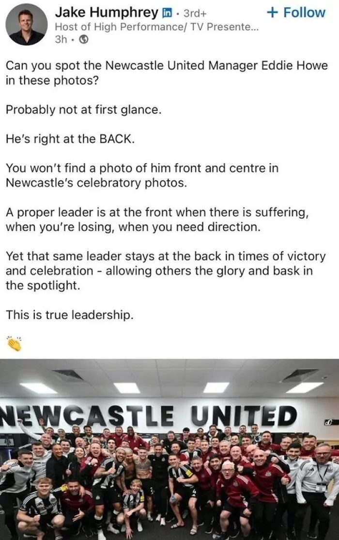 LinkedIn post highlighting Newcastle United manager Eddie Howe standing at the back in team photo