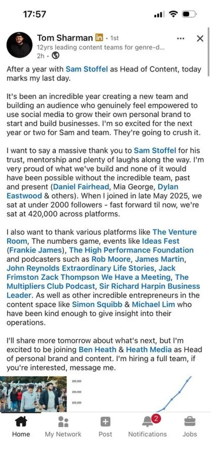 LinkedIn post thanking for a year of content leadership and announcing new content and personal brand role