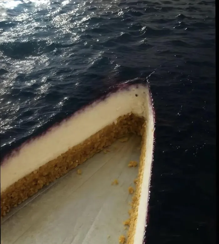 A slice of blueberry cheesecake positioned to create an optical illusion resembling a boat floating on dark water.