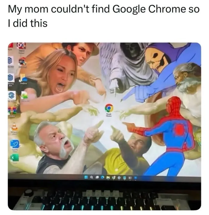A desktop wallpaper pointing at the Google Chrome icon, highlighting popular edgy memes characters.