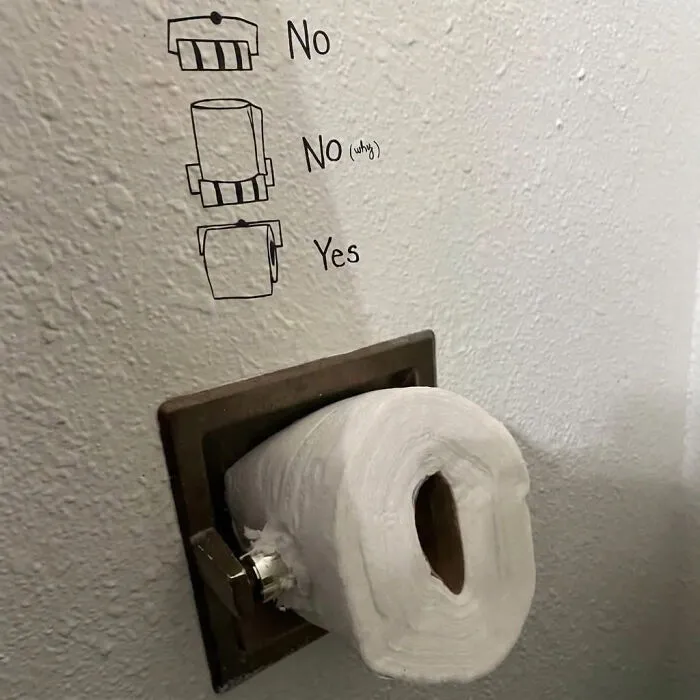 Edgy memes featuring a funny wall guide for the correct orientation of a toilet paper roll