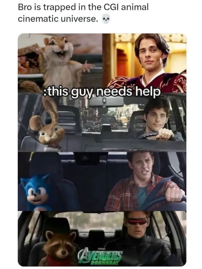 Edgy memes joke about an actor always driving cars with CGI animal characters in movies.