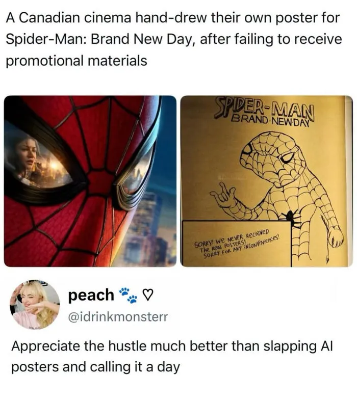 A hand-drawn Spider-Man movie poster shared on social media as part of edgy memes.