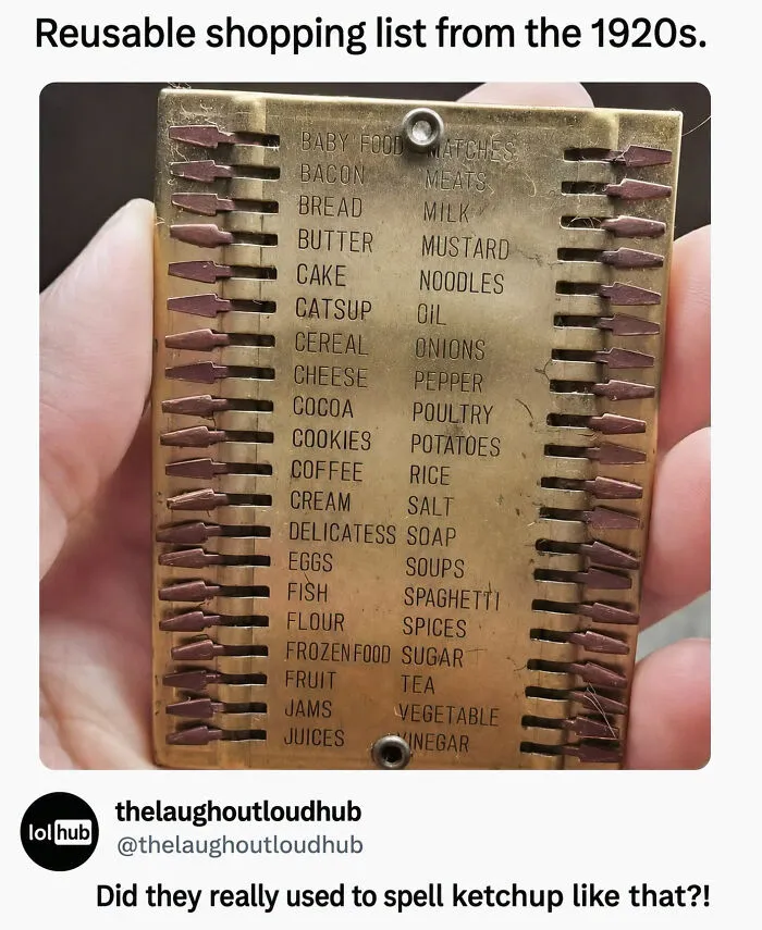 Vintage metal shopping list card from the 1920s featuring edgy memes about historical grocery items