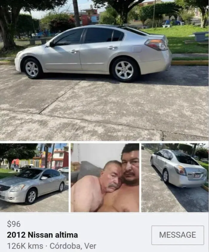 Edgy memes showing a car sale ad with an unexpected selfie of two shirtless men cuddling.