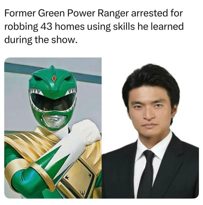 A side-by-side comparison of the Green Power Ranger and an actor, showcasing witty pop culture edgy memes.