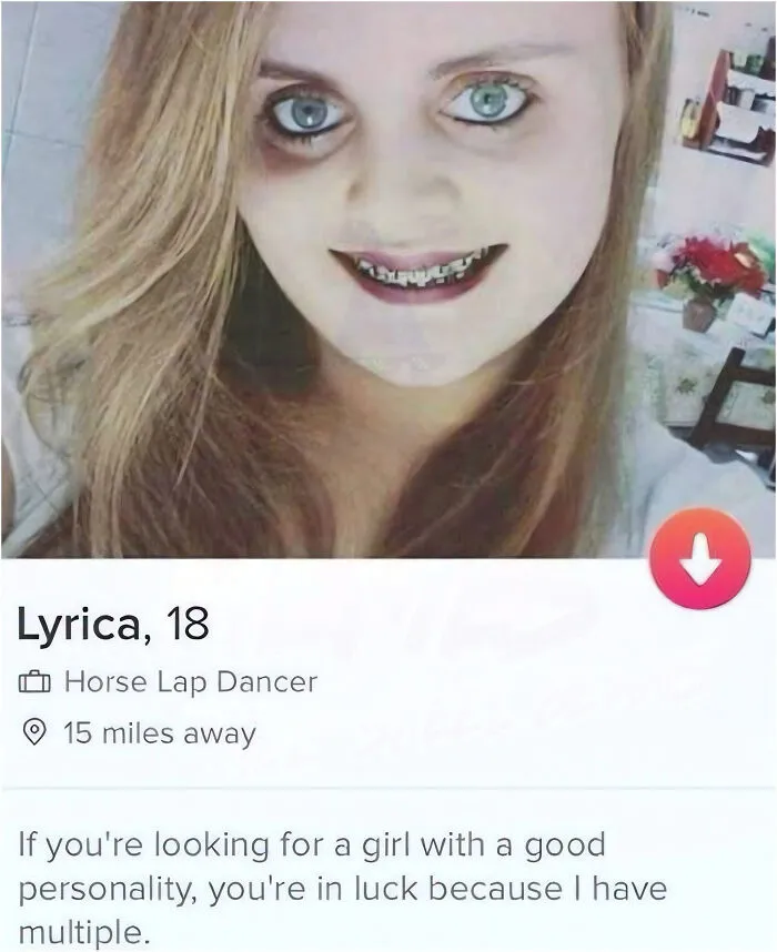 A creepy dating profile screenshot of a girl with a bizarre description, embodying dark edgy memes.