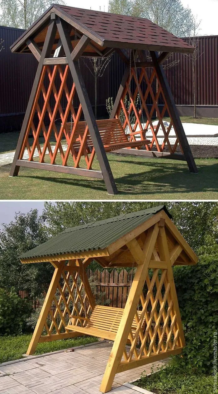 Two designs of garden swings under wooden roofs showcasing clever wooden creations
